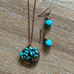 Turquoise Tree of Life Copper Necklace & Earrings Set